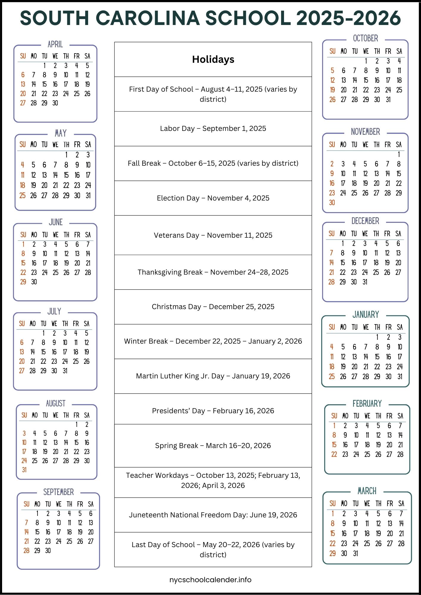 South Carolina Schools Calendar (SC) 2026-2027 [Schedule]