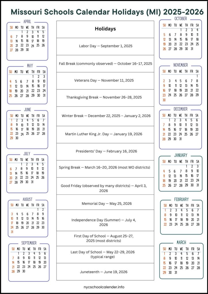 Missouri Schools Calendar