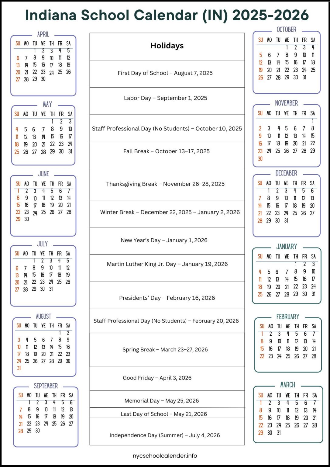 Indiana School Calendar (IN) 2026-2027 [Schedule]