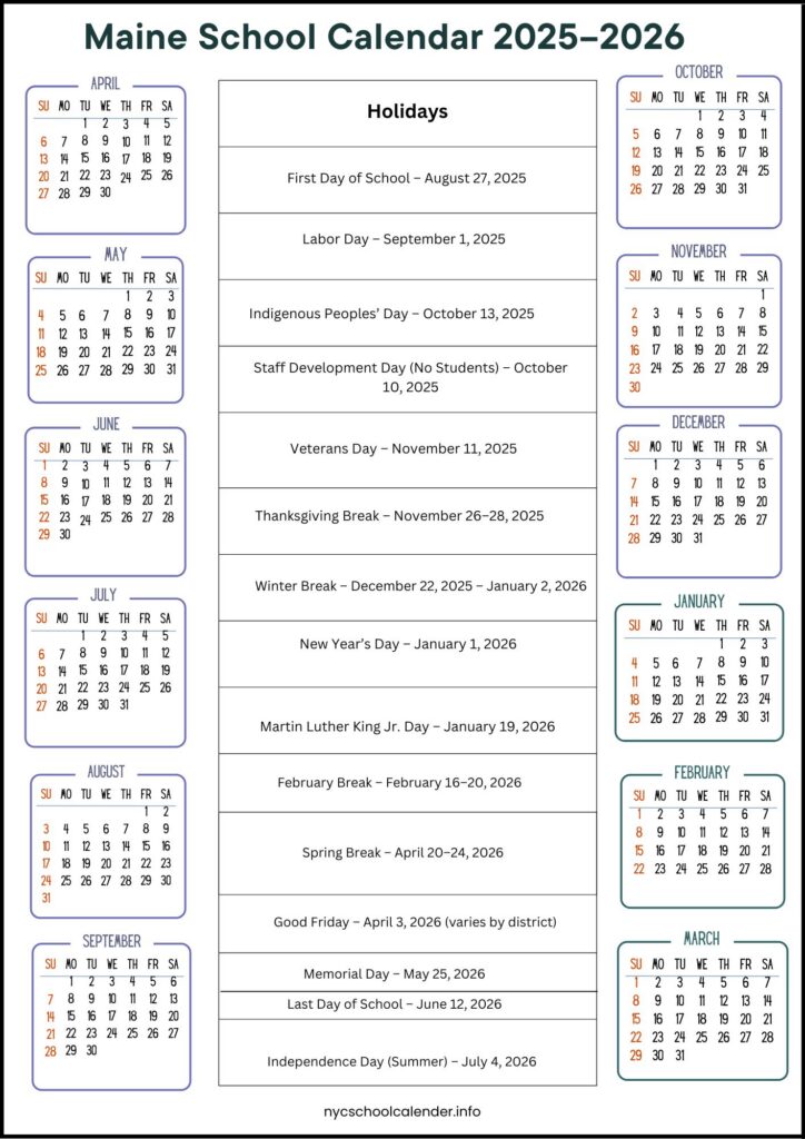 Maine School Calendar 