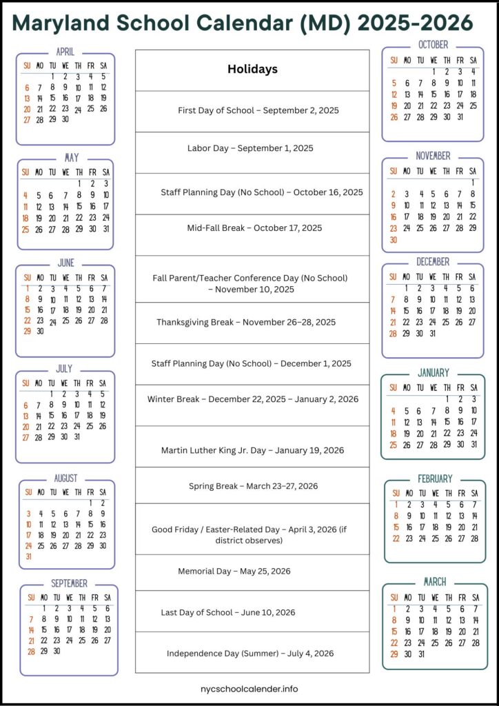 Maryland School Calendar