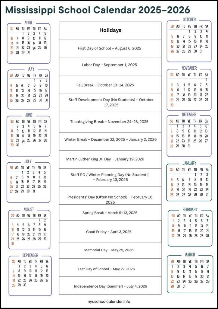 Mississippi School Calendar 